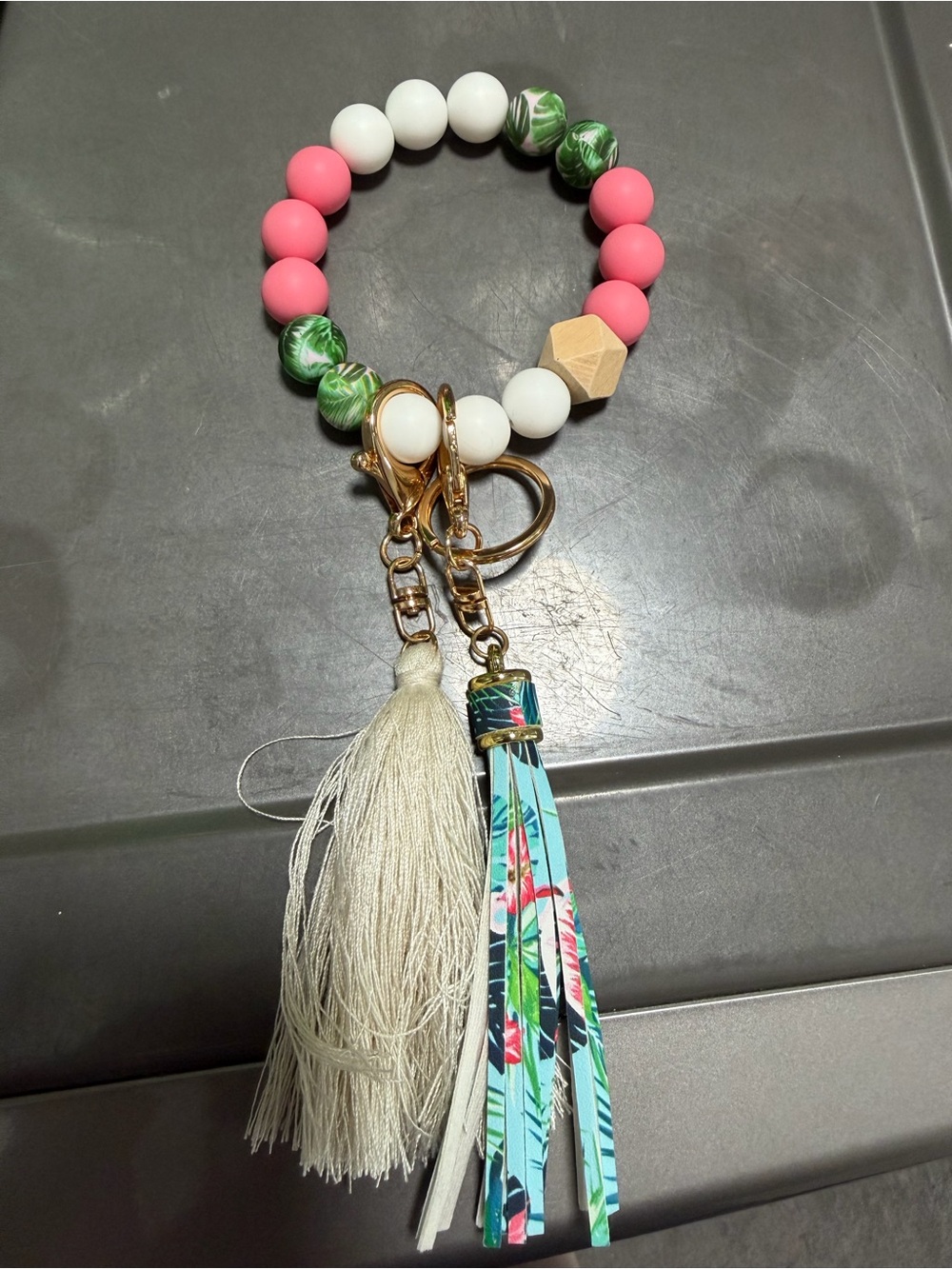 Beaded Tassel Keychain- Pink, White & Green